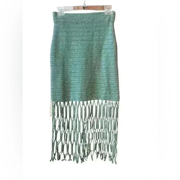 NEW AYNI Tarania Crochet Lined Open Stitch Fringe Skirt Mint Green Size Medium - Picture 5 of 10